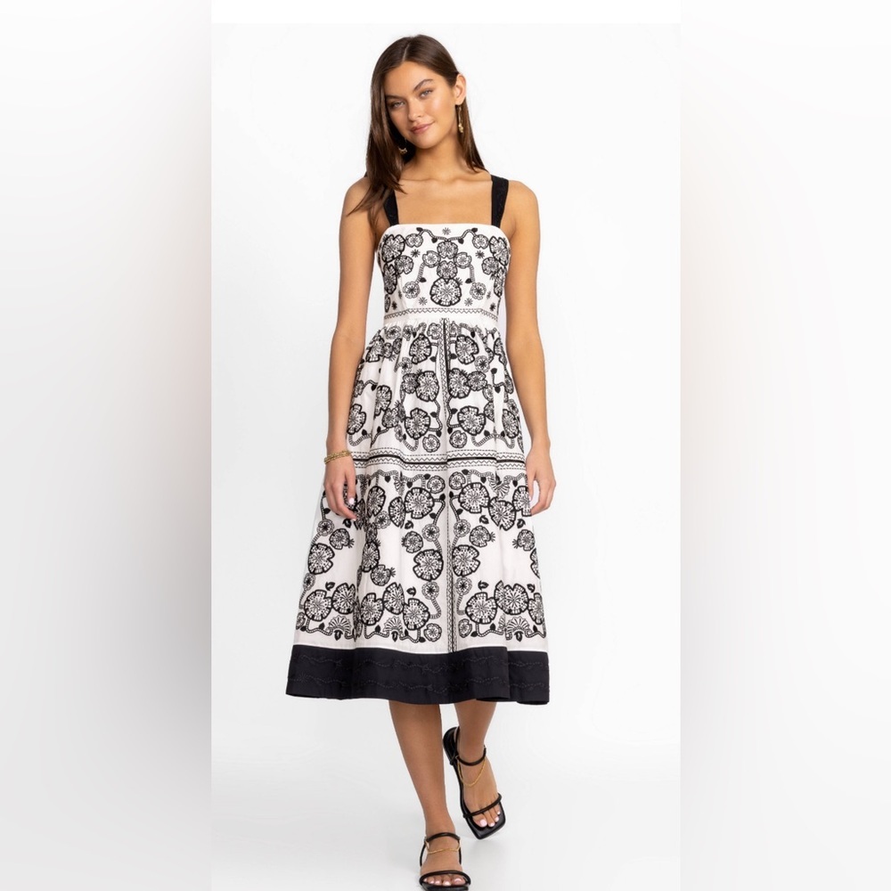 Johnny Was Black and White Floral Tiered Midi Dress